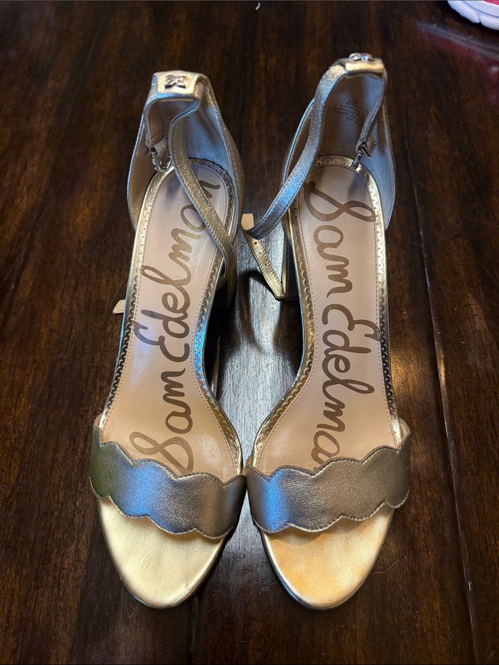 Sam Edelman Metallic Gold Scalloped Ankle-Strap Heels